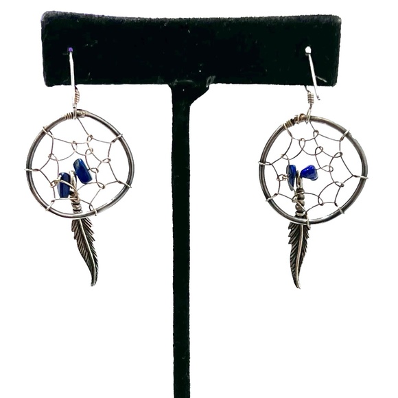 STERLING SILVER AND LAPIS CHIPS DREAM CATCHER EARRINGS - Picture 1 of 14